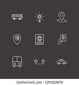 Outline 9 trip icon set. foreign passport with hand, car, distance map and lamp with gear vector illustration