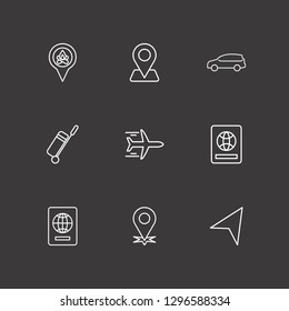 Outline 9 trip icon set. car, foreign passport, location and travel bag vector illustration