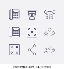 Outline 9 two icon set. dice, gay love, coffee cup, lovers, home phone and share vector illustration
