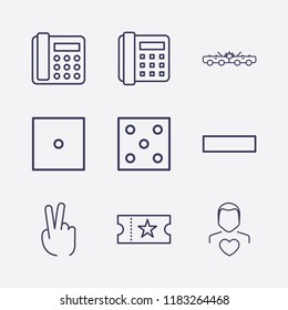 Outline 9 two icon set. man love, movie ticket, car crash, minus, two fingers, dice and home phone vector illustration