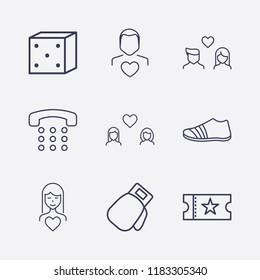 Outline 9 two icon set. boxing glove, home phone, dice, lovers, sneaker, man love, lesbian, movie ticket and woman in love vector illustration