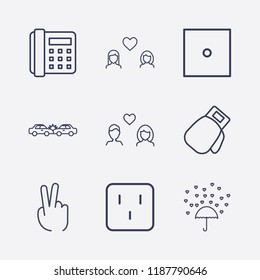 Outline 9 two icon set. lovers, two fingers, home phone, love rain, boxing glove, car crash, outlet, lesbian and dice vector illustration
