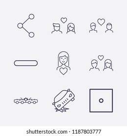 Outline 9 two icon set. car crash, lovers, woman in love, gay love, minus, share and dice vector illustration
