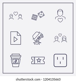 Outline 9 two icon set. gay love, car crash, dice and play document vector illustration