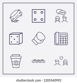 Outline 9 two icon set. dice, conversation, home phone and lovers vector illustration