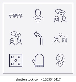 Outline 9 two icon set. man love, conversation, turn left arrow and dice vector illustration