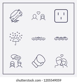Outline 9 two icon set. love rain, lovers, car crash and conversation vector illustration