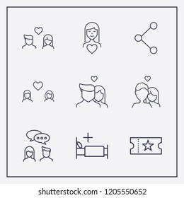 Outline 9 two icon set. lovers, lesbian, share and movie ticket vector illustration