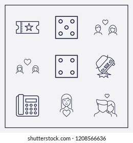 Outline 9 two icon set. car crash, lesbian, woman in love and movie ticket vector illustration