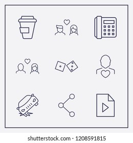Outline 9 two icon set. car crash, play document, lovers and dice vector illustration