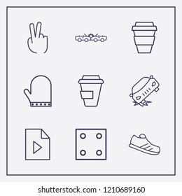 Outline 9 two icon set. coffee cup, dice, play document and car crash vector illustration