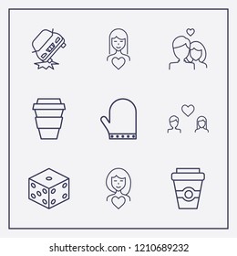 Outline 9 two icon set. dice, car crash, woman in love and glove vector illustration