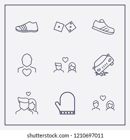 Outline 9 two icon set. car crash, man love, glove and dice vector illustration