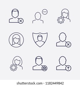 Outline 9 user icon set. remove user,shield, upload, user home, account settings, woman user and close  vector illustration