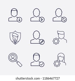 Outline 9 user icon set. edit , account settings, mediaplayer, search , check user, shield, user refresh and download user vector illustration