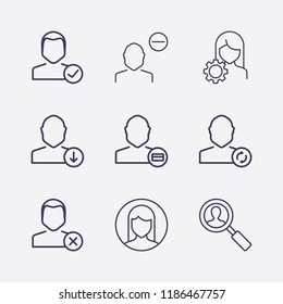 Outline 9 user icon set. refresh, download, close, check, search , remove, user payment, account settings and woman user vector illustration