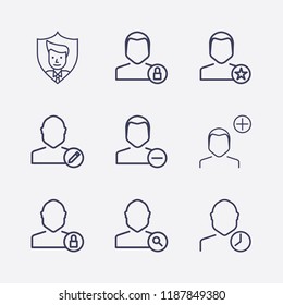Outline 9 user icon set. clock, edit , search , remove , shield, favorite , lock and add user vector illustration