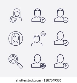 Outline 9 user icon set. home, woman , menu, upload , remove , check , account settings and search user vector illustration
