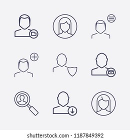 Outline 9 user icon set. user shield, mail, menu, download , add , search , woman and folder vector illustration