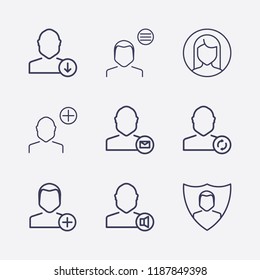 Outline 9 user icon set. woman , download user, user refresh, notification, mail, add , menu and user shield vector illustration