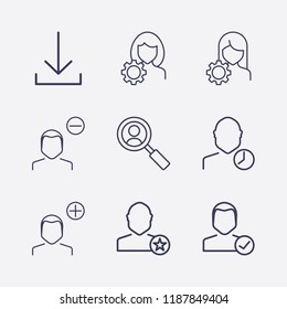 Outline 9 user icon set. remove , add , check ,clock, favorite , search , account settings and download vector illustration