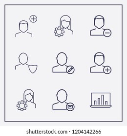 Outline 9 user icon set. remove user, edit user, user shield and global analytics vector illustration