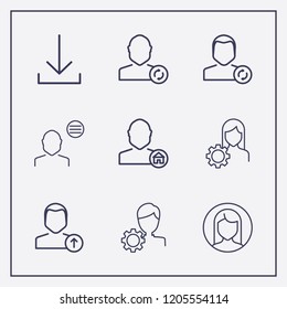 Outline 9 user icon set. menu, refresh, upload user and woman vector illustration