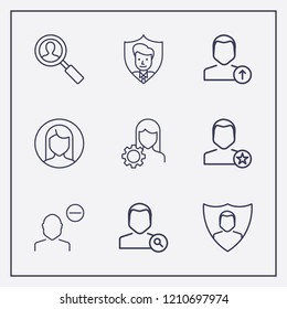 Outline 9 user icon set. shield, woman , search and favorite user vector illustration