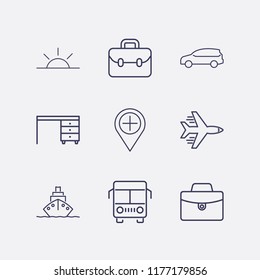Outline 9 vacation icon set. add location, comod, sunset, bus, suitcase, car, airplane and ship vector illustration