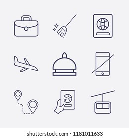 Outline 9 vacation icon set. funicular, foreign passport, hotel bell, foreign passport with hand, suitcase, plane landing, distance, broom and forbidden smartphone vector illustration