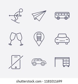 Outline 9 vacation icon set. skiing, forbidden smartphone, bus, train location, cheers, paper airplane, car and comod vector illustration