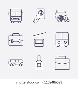 Outline 9 vacation icon set. sunscreen, foreign passport with hand, suitcase, funicular, bus and cannon vector illustration