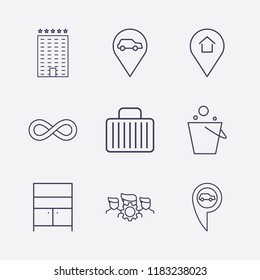 Outline 9 vacation icon set. group setting, pail, infinity, suitcase, hotel, car location, location home and comod vector illustration