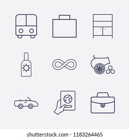 Outline 9 vacation icon set. comod, cannon, sunscreen, foreign passport with hand, bus, suitcase, car and infinity vector illustration