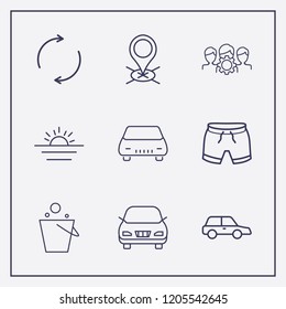 Outline 9 vacation icon set. pail, group setting, car and refresh vector illustration