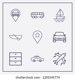 Outline 9 vacation icon set. boat, car, bus and comod vector illustration