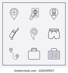 Outline 9 vacation icon set. short, travel bag, add location and distance vector illustration