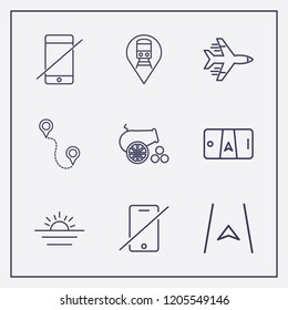 Outline 9 vacation icon set. airplane, smartphone map, cannon and train location vector illustration