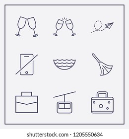 Outline 9 vacation icon set. sea, cheers, funicular and suitcase vector illustration