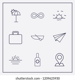 Outline 9 vacation icon set. boat, sunscreen, infinity and suitcase vector illustration
