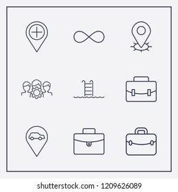 Outline 9 vacation icon set. location, infinity, suitcase and group setting vector illustration