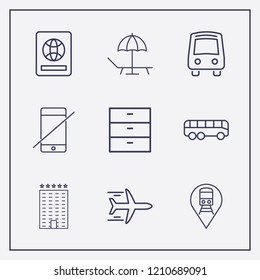 Outline 9 vacation icon set. beach, bus, airplane and comod vector illustration