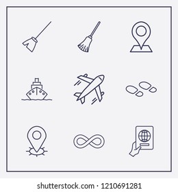 Outline 9 vacation icon set. infinity, broom, location and footprint vector illustration