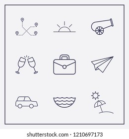 Outline 9 vacation icon set. suitcase, car, cheers and sea vector illustration