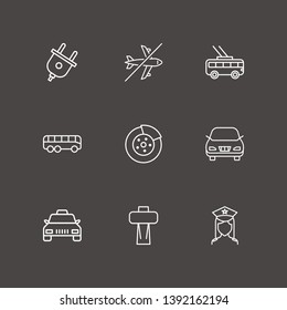 Outline 9 vehicle icon set. bus, car shifter, forbidden airplane and trolleybus vector illustration
