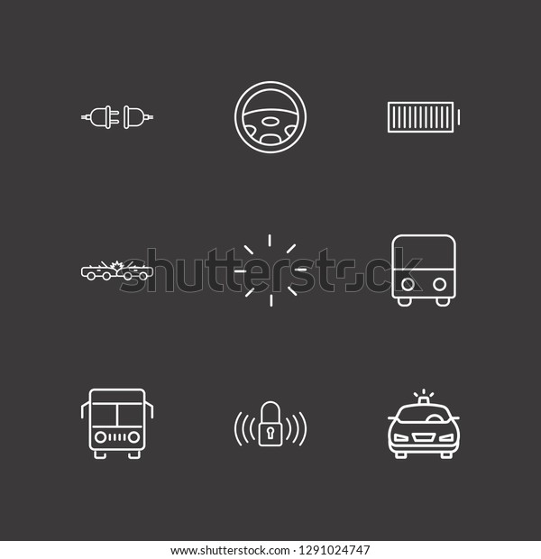Outline 9 vehicle icon set. loading,\
lock signal, machine steering and bus vector\
illustration