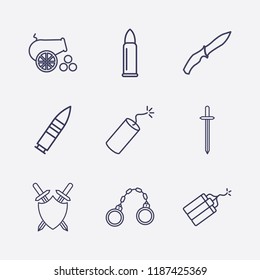 Outline 9 war icon set. sword, sword shield, soldier knife, cannon, bullet, shackles and dynamite vector illustration