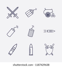 Outline 9 war icon set. dynamite, bullet, sword shield, cannon and sword vector illustration