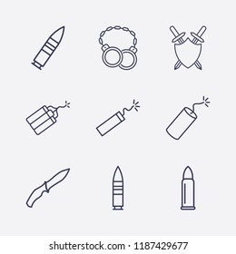 Outline 9 war icon set. sword shield, soldier knife, shackles, dynamite and bullet vector illustration