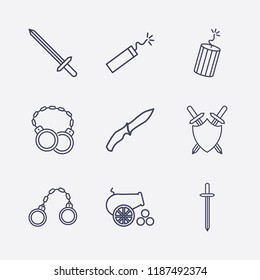 Outline 9 war icon set. sword shield, shackles, dynamite, soldier knife, sword and cannon vector illustration